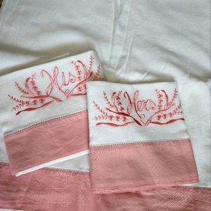 Mid-century pillowcases embroidered with "His" & "Hers" includes flat sheet